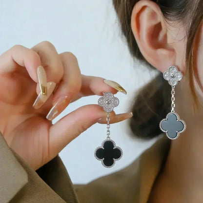[Spark]CLOVER 2 MOTIFS  DIAMOND ONYX EARRINGS SILVER