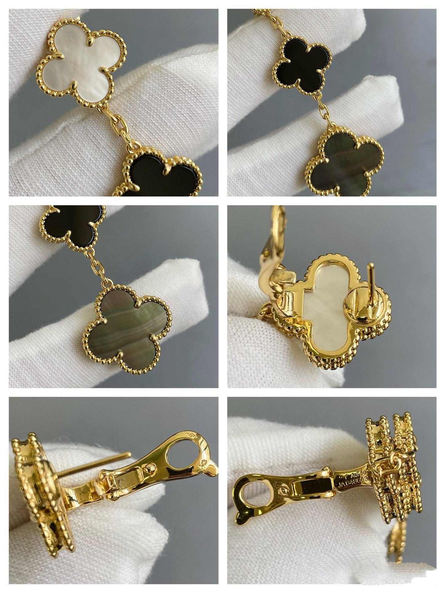 [Spark]CLOVER 3 MOTIF MOP ONYX DARK MOP PINK GOLD EARRINGS