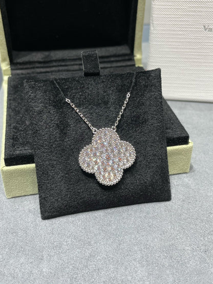 [Spark]CLOVER 25MM LARGE PENDANT DIAMOND PAVED SILVER NECKLACE
