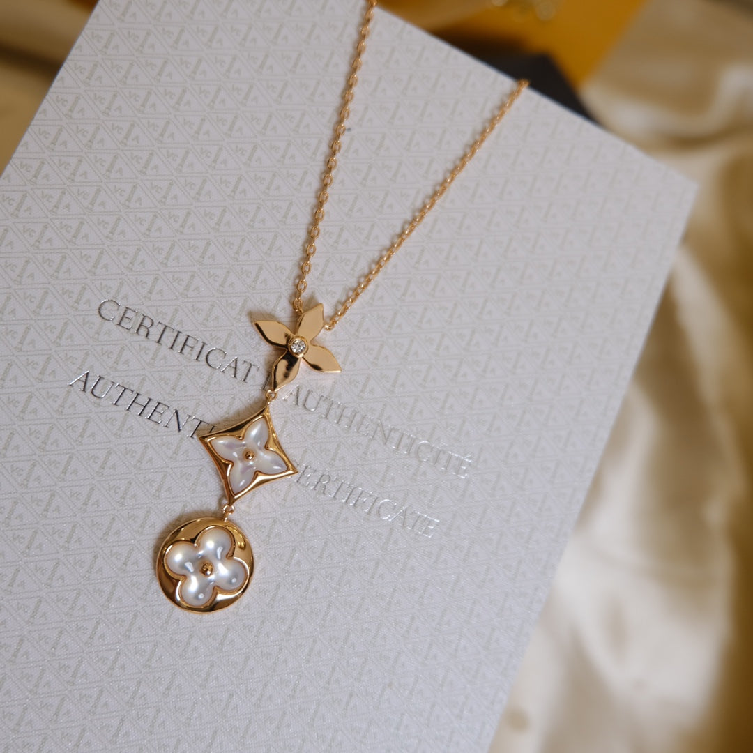 [Spark]COLOR BLOSSOM LARIAT NECKLACE PINK GOLD WHITE MOTHER PEARL AND DIAMOND