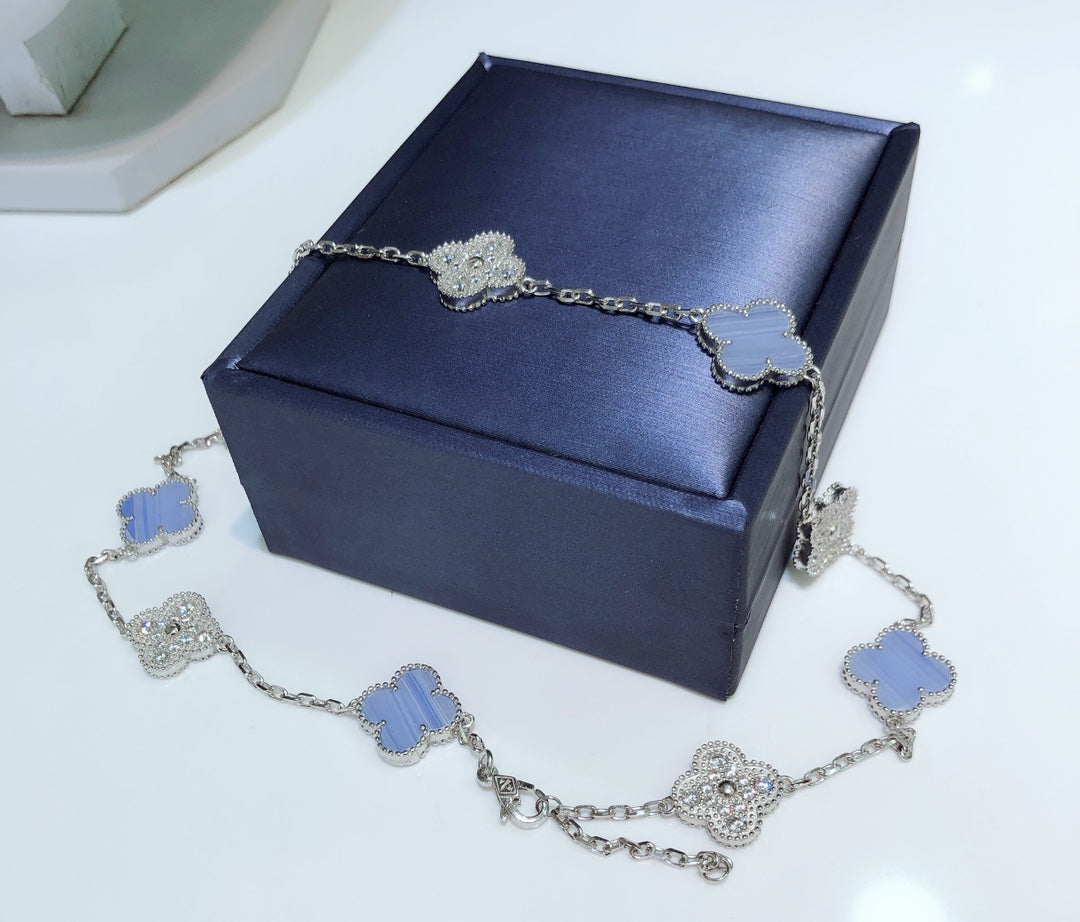 [Spark]CLOVER 10 MOTIFS CHALCEDONY DIAMONDS SILVER NECKLACE