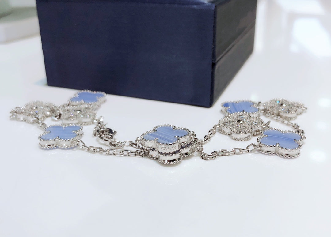 [Spark]CLOVER 10 MOTIFS CHALCEDONY DIAMONDS SILVER NECKLACE
